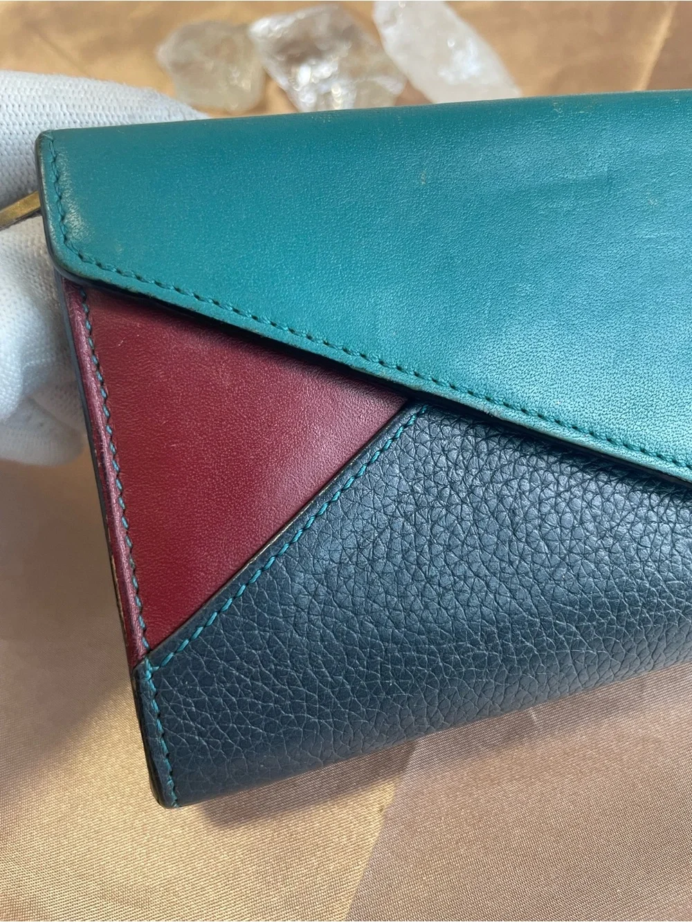 Chloé Tri-Color Leather Continental Wallet — Teal, Navy & Burgundy